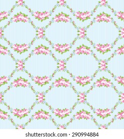 Seamless floral pattern with garden pink roses and forget-me