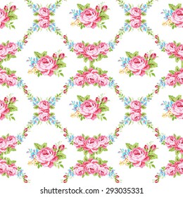 Seamless floral pattern with garden pink roses and forget-me