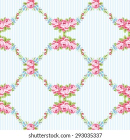 Seamless floral pattern with garden pink roses and forget-me