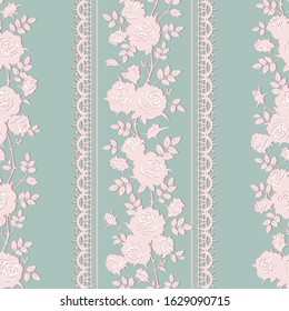 Seamless floral pattern with garlands of climbing roses and laces. Shabby chic style background, border. Vector ornament for fills, fabric, gift wrap, digital paper, wallpaper, etc.