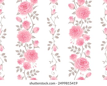 Seamless floral pattern with garlands of pink roses and leaves. Vector vintage background for wallpaper, fabric, gift wrap, digital paper, etc. Shabby chic style