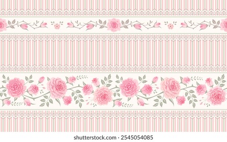 Seamless floral pattern with garlands of pink roses and leaves. Vector vintage striped background. Shabby chic style