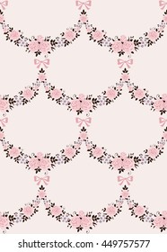 Seamless floral pattern with garlands of roses and bows. Vector vintage shabby chic background.