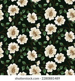 Impresionante estampado floral con un jardín suave y florido. Diseño botánico romántico en colores naturales, impresión de color marrón: flores blancas dibujadas a mano, ramas, hojas pequeñas sobre fondo oscuro. Ilustración vectorial.