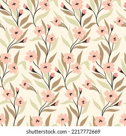 Seamless floral pattern, gentle botanical print with cute flowers branches in pastel colors. Beautiful flower design from hand drawn branches, small pink flowers, leaves on a light background. Vector