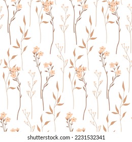 Seamless floral pattern, gentle botanical print with hand drawn spring botany on a white background. Romantic flower design with small flowers, branches, leaves. Vector illustration in pastel colors.