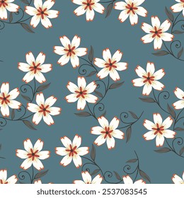 Seamless floral pattern, gentle botanical print with cute flowers branches in pastel colors. Beautiful flower design from hand drawn branches, small pink flowers, leaves on a light background