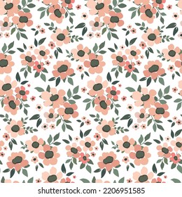 Patrón floral sin foco, tierno diseño de color marrón con bonitas flores dibujadas a mano. Arreglo botánico romántico de flores rojas pequeñas, hojas en ramos sobre un fondo blanco. Ilustración vectorial.