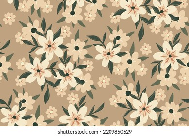 Patrón floral sin fisuras, tierno diseño con prado floreciente. Diseño de fondo botánico romántico con flores pequeñas, hojas, sobre una superficie clara. Ilustración vectorial.