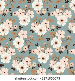 Seamless floral pattern, gentle ditsy spring print with vintage rustic motif. Beautiful botanical design with hand drawn small flowers, leaves in bouquets on a blue background. Vector illustration.