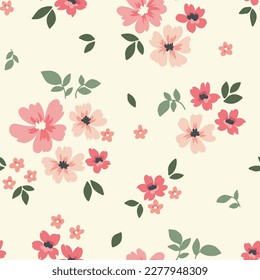 Seamless floral pattern, gentle ditsy print with cute spring flora. Pretty botanical design with a rustic motif: small hand drawn flowers, leaves on a light background. Vector illustration.