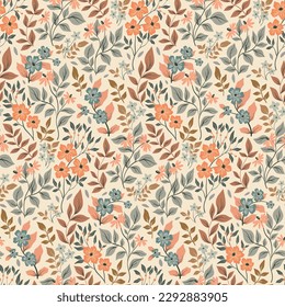 Seamless floral pattern, gentle ditsy print with spring botany. Cute botanical design for fabric, paper: small hand drawn flowers, wild plants, leaves, herbs on a light background. Vector illustration