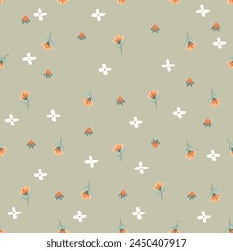 Seamless floral pattern, gentle ditsy print with blooming meadow. Romantic botanical background design with small flowers, leaves, on a light surface. Vector illustration.