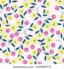 Patrón floral sin costuras, suave impresión ditsy con prado floreciente. Diseño de fondo botánico romántico con flores Pequeñas, hojas, en una superficie ligera. Ilustración vectorial.