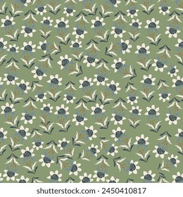 Patrón floral sin costuras, suave impresión ditsy con prado floreciente. Diseño de fondo botánico romántico con flores Pequeñas, hojas, en una superficie ligera. Ilustración vectorial.