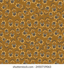 Seamless floral pattern, gentle ditsy print with blooming meadow. Romantic botanical background design with small flowers, leaves, on a light surface. Vector illustration.