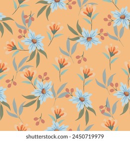 Seamless floral pattern, gentle ditsy print with blooming meadow. Romantic botanical background design with small flowers, leaves, on a light surface. Vector illustration.
