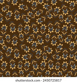 Seamless floral pattern, gentle ditsy print with blooming meadow. Romantic botanical background design with small flowers, leaves, on a light surface. Vector illustration.