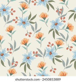 Seamless floral pattern, gentle ditsy print with blooming meadow. Romantic botanical background design with small flowers, leaves, on a light surface. Vector illustration.