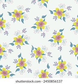 Seamless floral pattern, gentle ditsy print with blooming meadow. Romantic botanical background design with small flowers, leaves, on a light surface. Vector illustration.