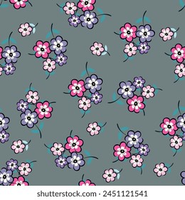 Seamless floral pattern, gentle ditsy print with blooming meadow. Romantic botanical background design with small flowers, leaves, on a light surface. Vector illustration.