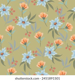 Seamless floral pattern, gentle ditsy print with blooming meadow. Romantic botanical background design with small flowers, leaves, on a light surface. Vector illustration.