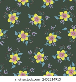 Seamless floral pattern, gentle ditsy print with blooming meadow. Romantic botanical background design with small flowers, leaves, on a light surface. Vector illustration.