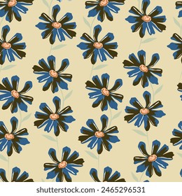 Seamless floral pattern, gentle ditsy print with blooming meadow. Romantic botanical background design with small flowers, leaves, on a light