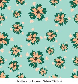 Seamless floral pattern, gentle ditsy print with blooming meadow. Romantic botanical background design with small flowers, leaves, on a light