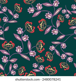 Patrón floral sin costuras, suave impresión ditsy con prado floreciente. Diseño de fondo botánico romántico con flores Pequeñas, hojas, en una superficie ligera. Ilustración vectorial.