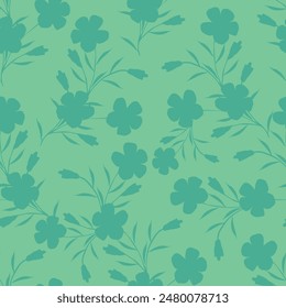 Nahtloses Blumenmuster, sanfter ditsy Print mit blühender Wiese. Romantisches botanisches Hintergrunddesign mit kleinen Blüten, Blättern, auf einer hellen Oberfläche. Vektorillustration.