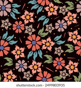 Seamless floral pattern, gentle ditsy print with blooming meadow. Romantic botanical background design with small flowers, leaves, on a light surface. Vector illustration.