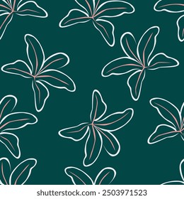 Nahtloses Blumenmuster, sanfter, schmutziger Aufdruck mit blühender Wiese. Romantisches botanisches Hintergrunddesign mit kleinen Blumen, Blättern, auf einer hellen Oberfläche. Vektorgrafik.