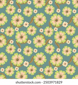 Seamless floral pattern, gentle ditsy print with blooming meadow. Romantic botanical background design with small flowers, leaves, on a light surface. Vector illustration.