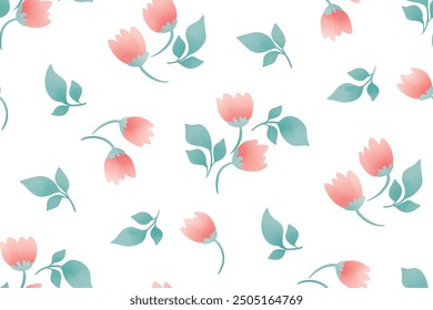 Seamless floral pattern, gentle ditsy print, abstract nature ornament in delicate colors. Romantic botanical design: small hand drawn flowers, tiny leaves on white background. Vector illustration.