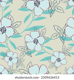 Seamless floral pattern, gentle ditsy print with blooming meadow. Romantic botanical background design with small flowers, leaves, on a light surface. Vector illustration.