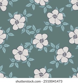 Seamless floral pattern, gentle ditsy print with blooming meadow. Romantic botanical background design with small flowers, leaves, on a light surface. Vector illustration.