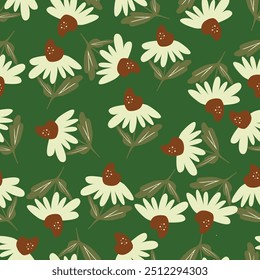 Seamless floral pattern, gentle ditsy print with blooming meadow. Romantic botanical background design with small flowers, leaves, on a light surface. Vector illustration.