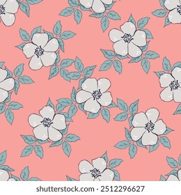 Seamless floral pattern, gentle ditsy print with blooming meadow. Romantic botanical background design with small flowers, leaves, on a light surface. Vector illustration.
