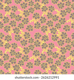 Padrão floral sem emenda, impressão sutil de pequenas plantas com um motivo rústico. Design botânico bonito, fundo romântico: flores desenhadas à mão pequenas, folhas, buquês em um campo verde. Vetor.
