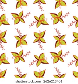 Padrão floral sem emenda, impressão sutil de pequenas plantas com um motivo rústico. Design botânico bonito, fundo romântico: flores desenhadas à mão pequenas, folhas, buquês em um campo verde. Vetor.
