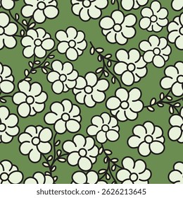 Seamless floral pattern, gentle ditsy print of small plants with a rustic motif. Cute botanical design, romantic background: tiny hand drawn flowers, leaves, bouquets on a green field. Vector.
