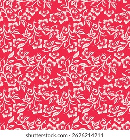 Seamless floral pattern, gentle ditsy print of small plants with a rustic motif. Cute botanical design, romantic background: tiny hand drawn flowers, leaves, bouquets on a green field. Vector.
