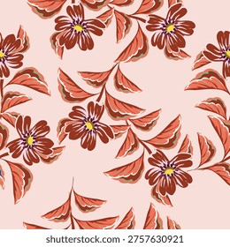 Seamless floral pattern, gentle ditsy print of small plants with a rustic motif. Cute botanical design, romantic background: tiny hand drawn flowers, leaves, bouquets on a green field. Vector.