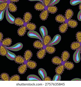 Seamless floral pattern, gentle ditsy print of small plants with a rustic motif. Cute botanical design, romantic background: tiny hand drawn flowers, leaves, bouquets on a green field. Vector.