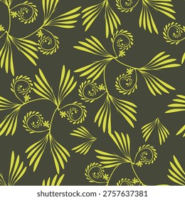 Seamless floral pattern, gentle ditsy print of small plants with a rustic motif. Cute botanical design, romantic background: tiny hand drawn flowers, leaves, bouquets on a green field. Vector.