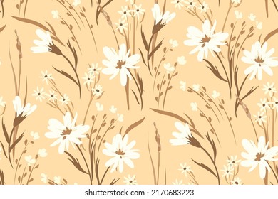 Seamless floral pattern with gentle spring meadow, hand drawn wild plants. Romantic botanical print, elegant natural background with small flowers, leaves, herbs on a beige field. Vector.
