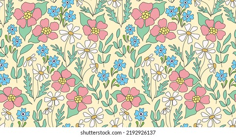 Seamless floral pattern with gentle spring meadow. Cute ditsy print, pretty botanical background with hand drawn outline plants, wild flowers, leaves on light background. Vector illustration.