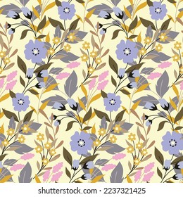 Seamless floral pattern with gentle spring garden. Cute botanical print, romantic flower design with decorative wild plants: flowers, branches, leaves on white background. Vector illustration.