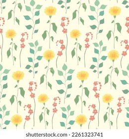 Patrón floral sin soldadura con botánica de resorte suave: flores silvestres, hojas sobre un fondo blanco. Ilustración vectorial.